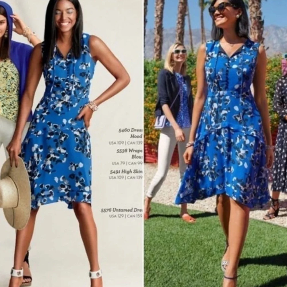 Cabi #5576 Untamed Electric Blue Mixed Floral Print Sleeveless Polka Dot Dress M
